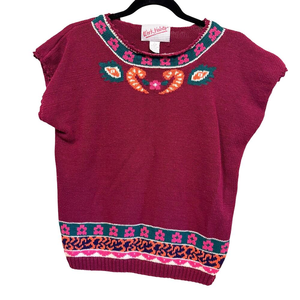 Vintage Folk Art Sweater Size L Cropped Cotton Blend Casual Summer Boho Retro
